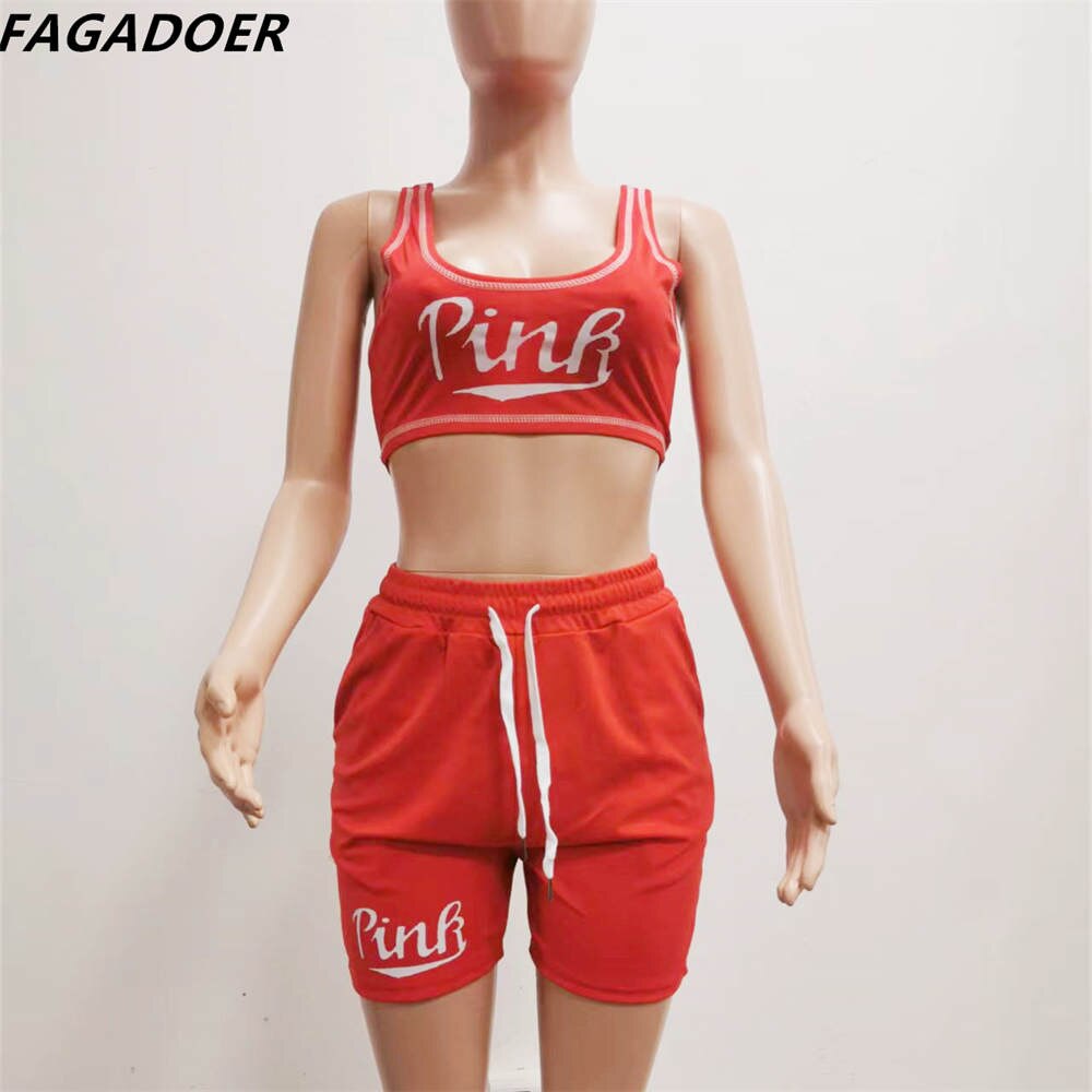 FAGADOER Summer Women Pink Letter Print Sleeveless Crop Top+Pencil Shorts Suit Two Piece Set Tracksuits Outfit Sporty Streetwear