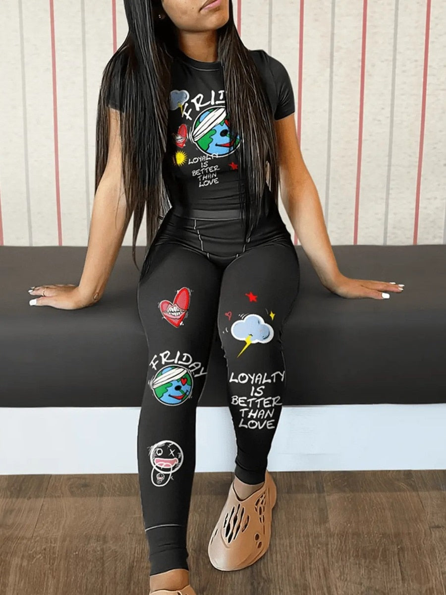LW Cartoon Letter Heart PrintTwo Pieces Cress Neck Pullover Tee+Elastic Waist Trousers Summer Spring Matching Outfits Women 2PC