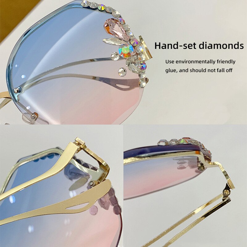 Luxury Fashion Oversized Rimless Sunglasses Women Fashion Brand Designer Big Frame Diamond Square Sun Glasses For Female