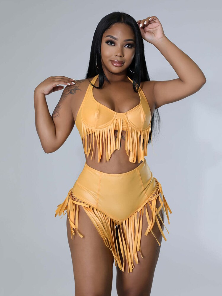 Summer Women Clothing Leather Pu Crop Top Two Piece Shorts Set Clubwear Backless Suit Sexy Outfits Wholesale Bulk Dropshipping