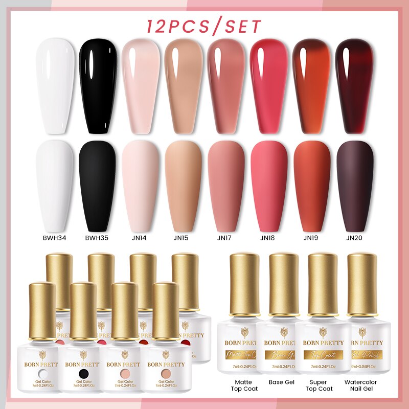 BORN PRETTY 10/12Pcs Gel Nail Polish Set 7ml Jelly Nude Gel &amp; Rainbow Cat Magnetic Gel Polish for Nail Art Design Base Top Coat