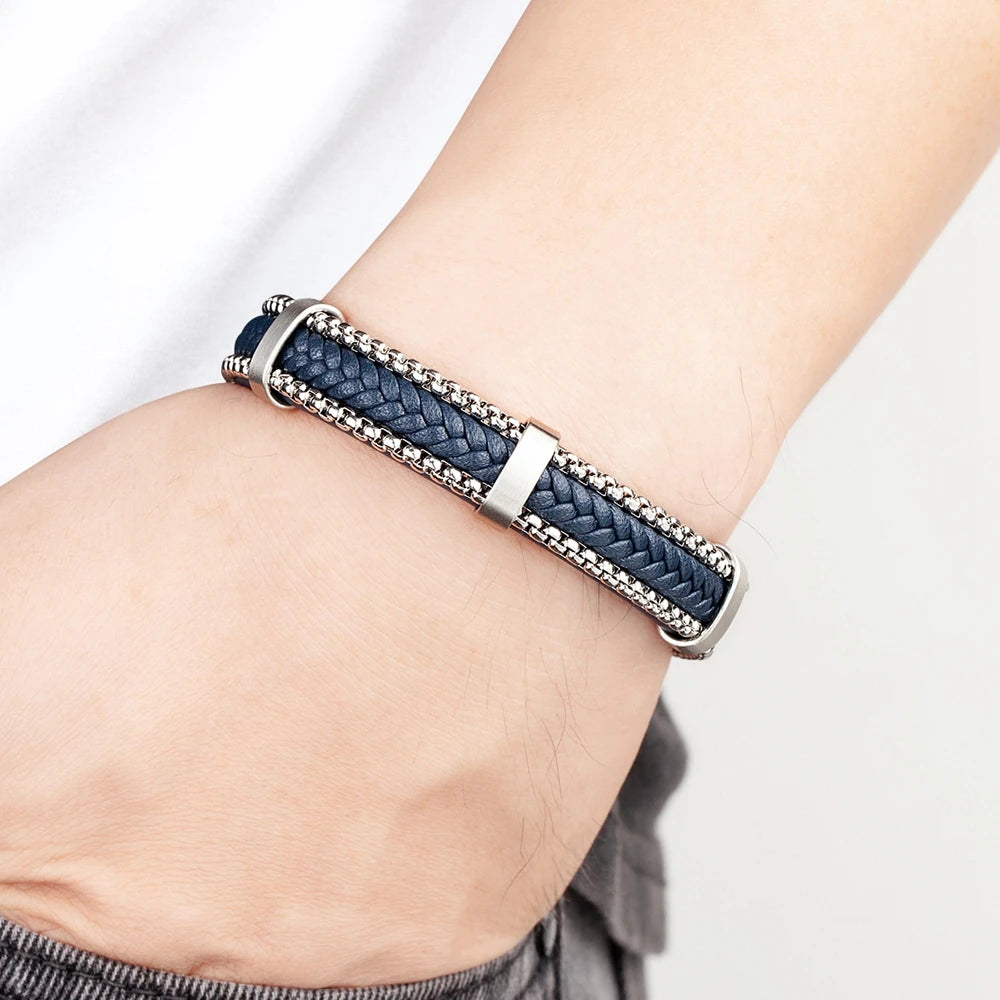 TYO New Arrivel Punk Design Chain Stainless Steel Braid Leather Bracelet for Men Magnetic Buckle Charm Jewelry Gifts Customized