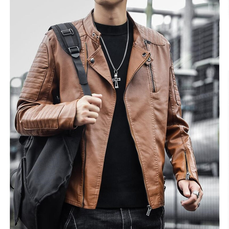 Brand clothing Men Slim Fit Jacket Fashion Solid Color Motorcycle Winter Jackets Chaqueta Hombre Windproof Black Leather Coat