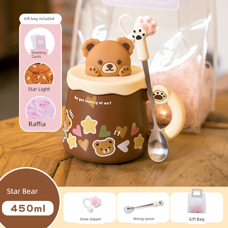 Cute Ceramic Cup Couple with Lid Spoon Straw Mug Home Breakfast Coffee Cup Women Office Water Glass Men