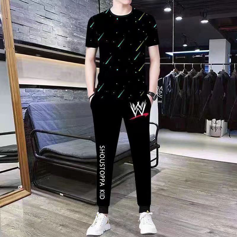 Summer new ice silk suit male summer youth fashion brand short sleeve T-shirt male loose pants casual sportswear male