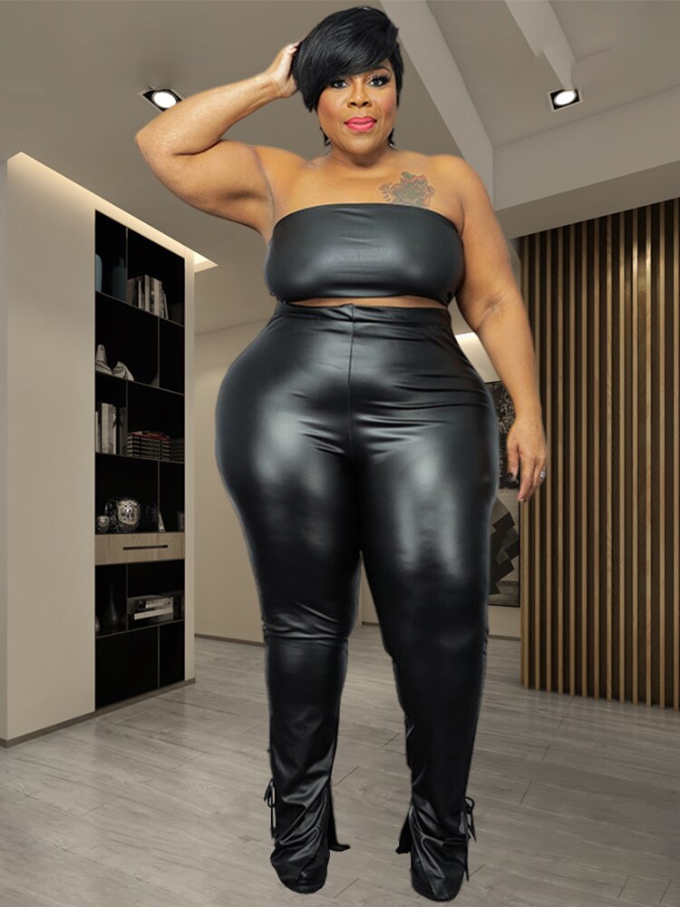 Plus Size Clothes Ladies Leather Pants and Strapless Top Summer Streetwear Sets Womens 2 Piece Fashion Suits PU Sexy Outfit