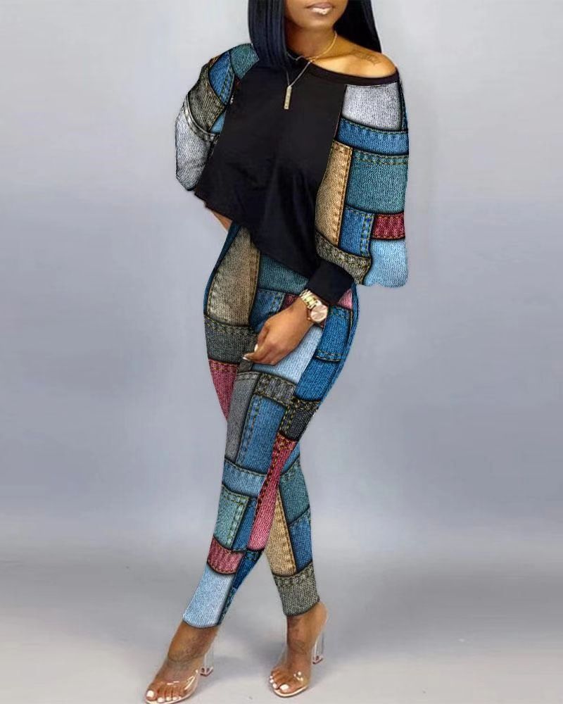 Spring Fashion Print Two Piece Set Women's Diagonal Neck Long Sleeve Casual T-shirt Tights Slim Two Piece Set Women