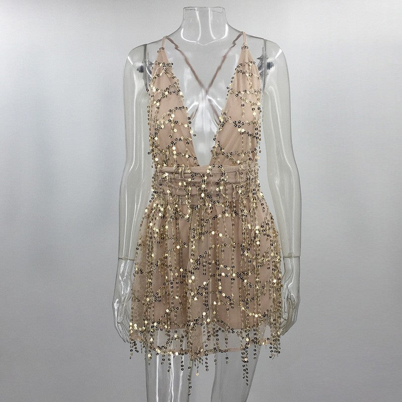 European and American Ins Waist-Defined Tassel Evening Party Backless Lace up