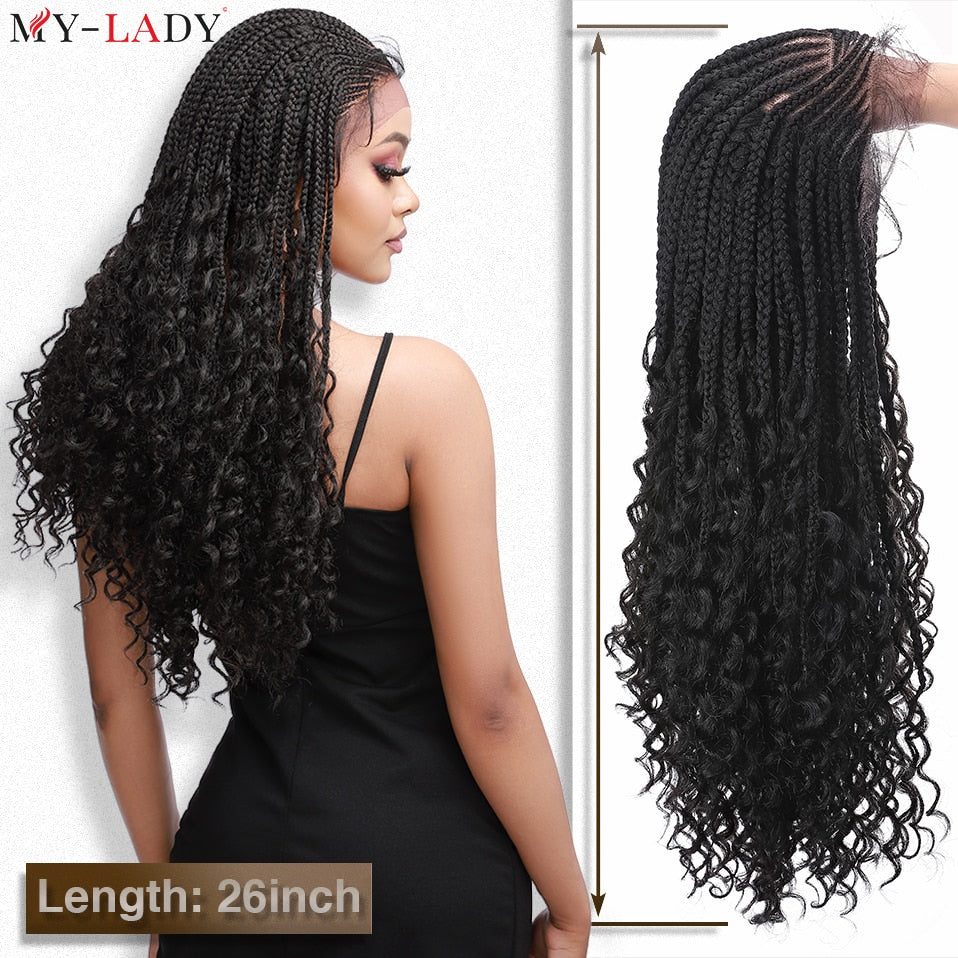 My-Lady Synthetic 26'' Cornrow Braids Lace Wigs Curly Ends Box Braided Lace Front Wig Baby Hair Frontal Afro Wig Black Women