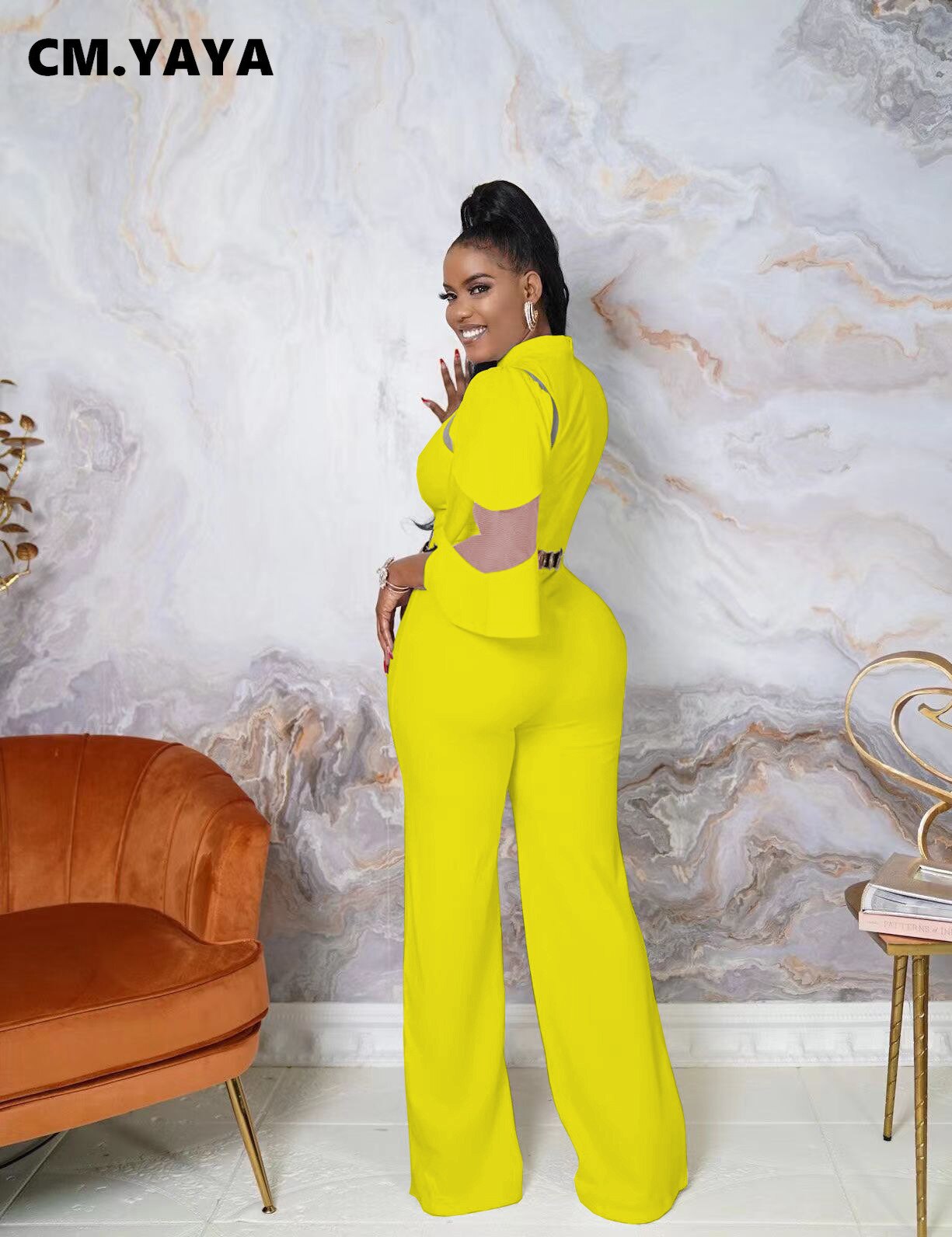 CM.YAYA Elegant Women Mesh Patchwork Irregular Sleeve High Waist Straight Jumpsuit Party INS Overall Wide Leg Straight Playsuit