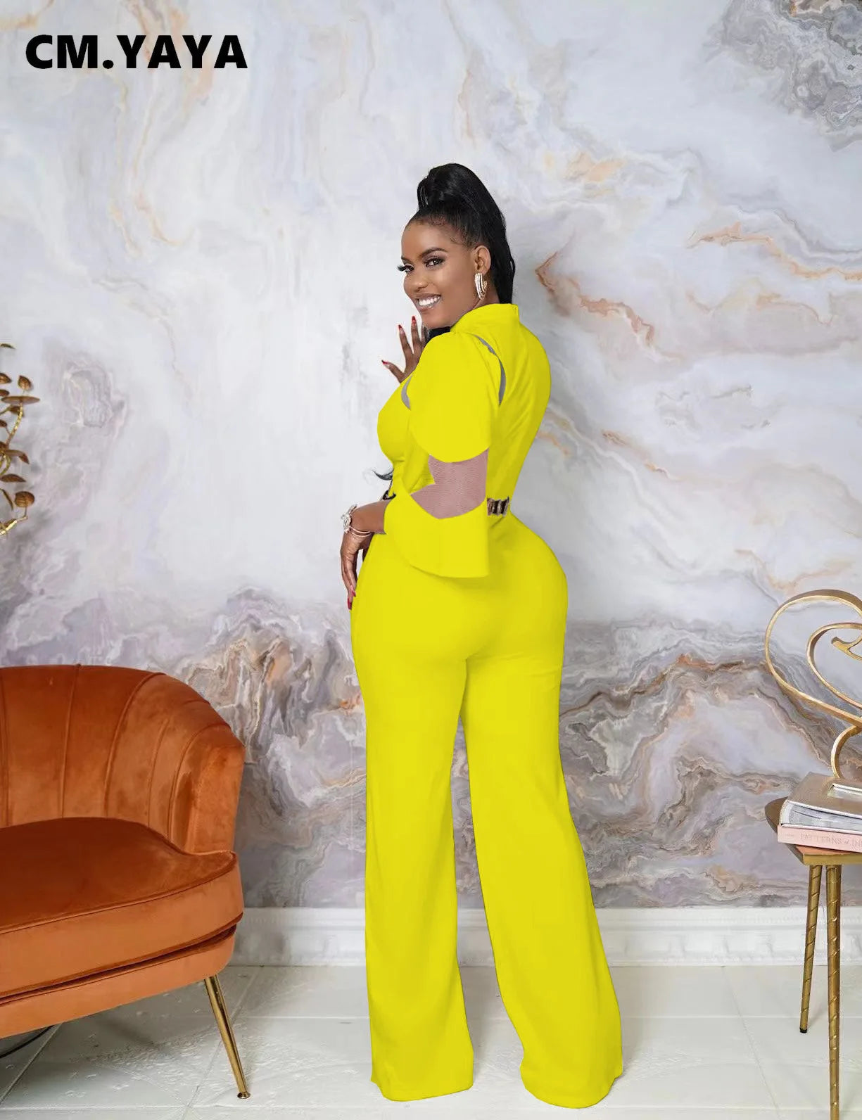 CM.YAYA Elegant Women Mesh Patchwork Irregular Sleeve High Waist Straight Jumpsuit Party INS Overall Wide Leg Straight Playsuit