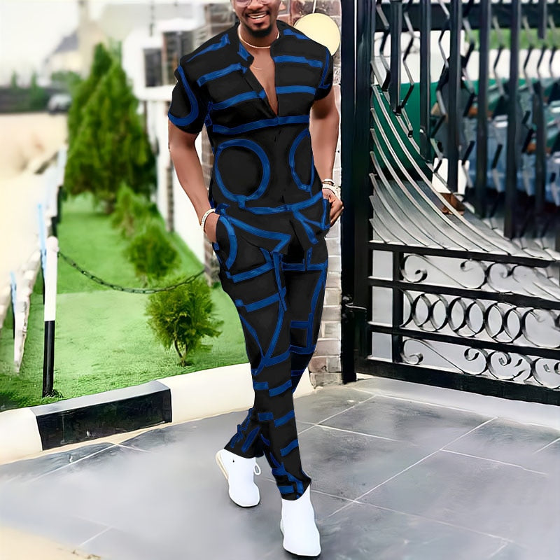 Spring Summer Men's Casual Two Piece Sets Short Sleeve Tops And Long Pants Suit 2022 Fashion Pattern Print Outfit Men Streetwear