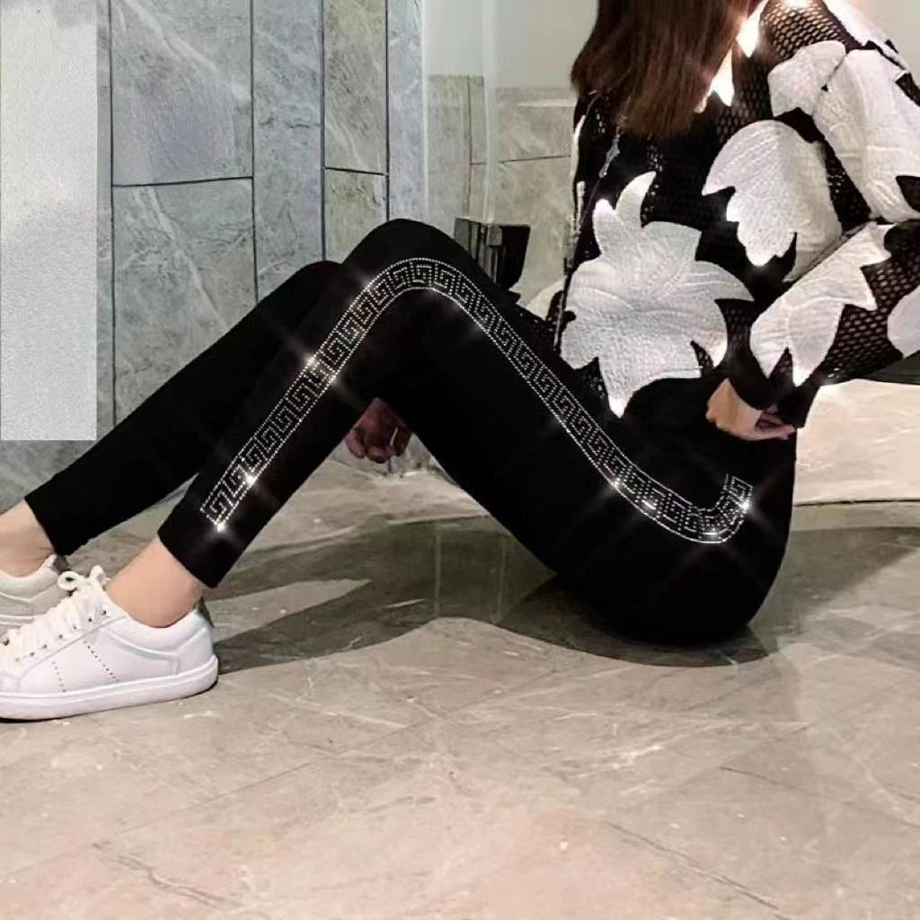 New Autumn Winter High Waist Stretch Thicken Velvet Women Leggings Blingbling Hot Drilling Ankle-length Bottoming Pants Black