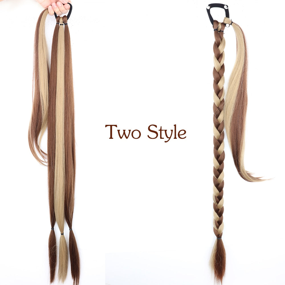 34inches Synthetic Long Braided Ponytail Hair Extensions for Women Black Brown Pony Tail with Hair Rope High Temperature Fiber