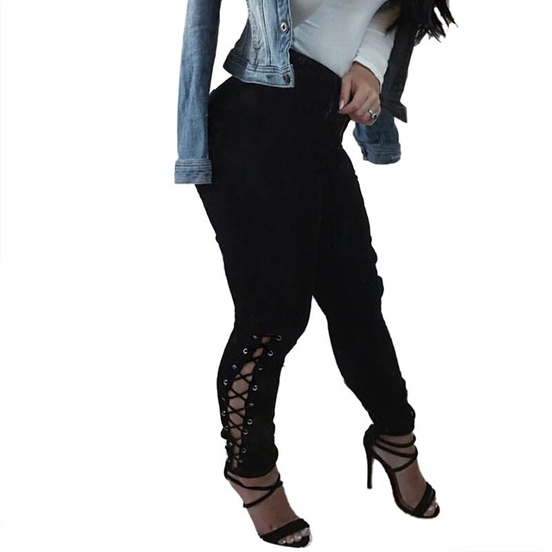 Plus Size Sexy Hollow Out White Skinny Jeans 3XL Summer Streetwear Women High Waist Ripped Lace Up Bandage Denim Pencil Pants