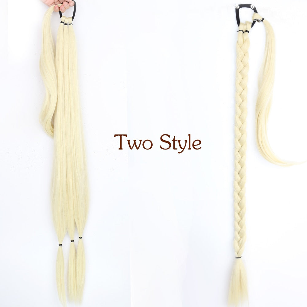 34inches Synthetic Long Braided Ponytail Hair Extensions for Women Black Brown Pony Tail with Hair Rope High Temperature Fiber