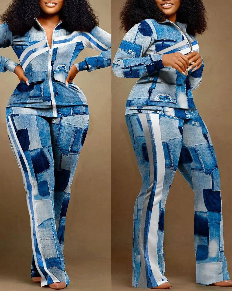 Autumn Winter Fashion Print Two Piece Set Women Casual Sports Style Zipper Top Sweatpants Two Piece Set Women