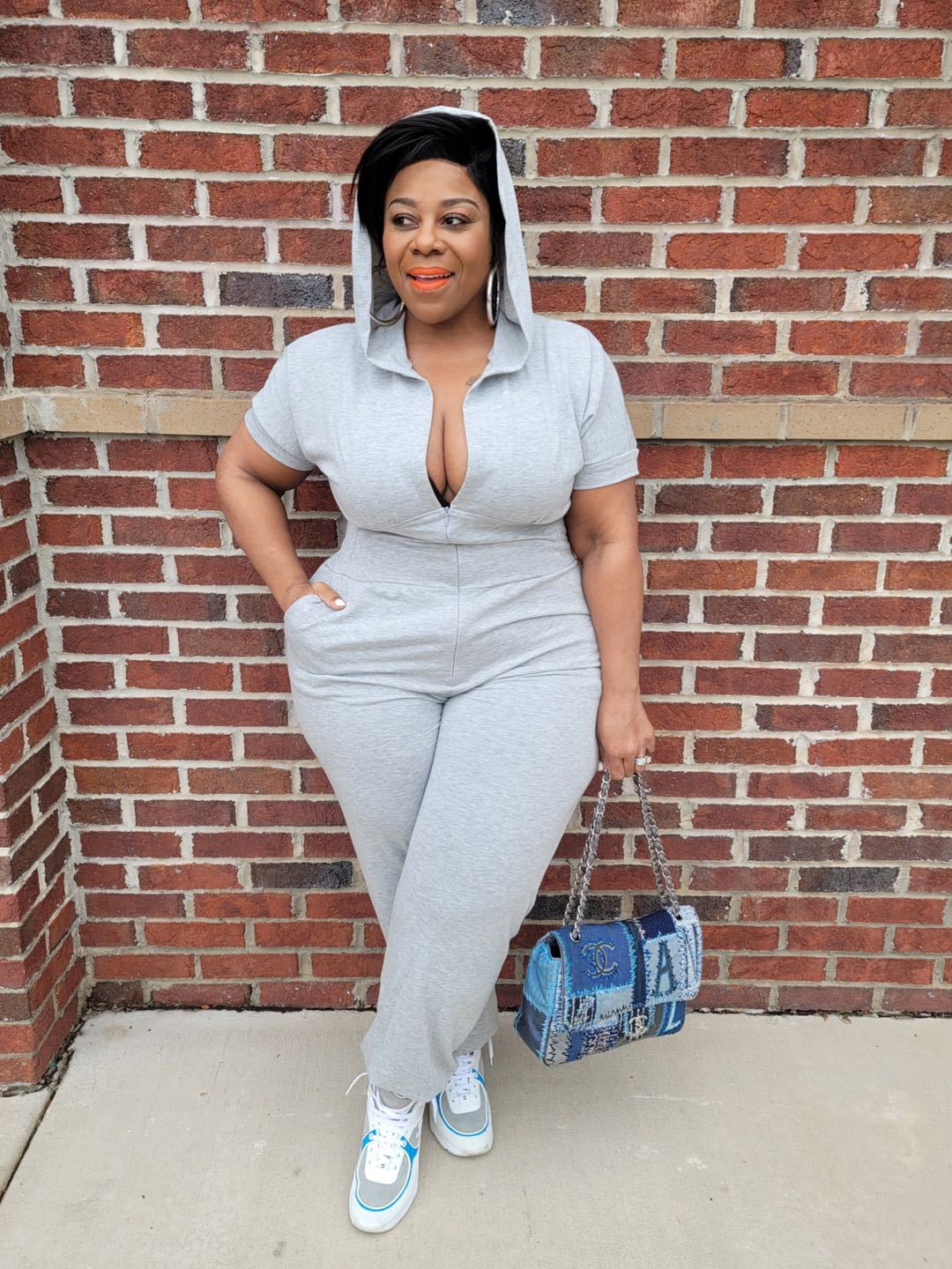 CM.YAYA Women Plus Size Jumpsuit Solid Hooded Zipper Strechy Jumpsuits with Pockets Casual One Piece Overall Summer Outfit