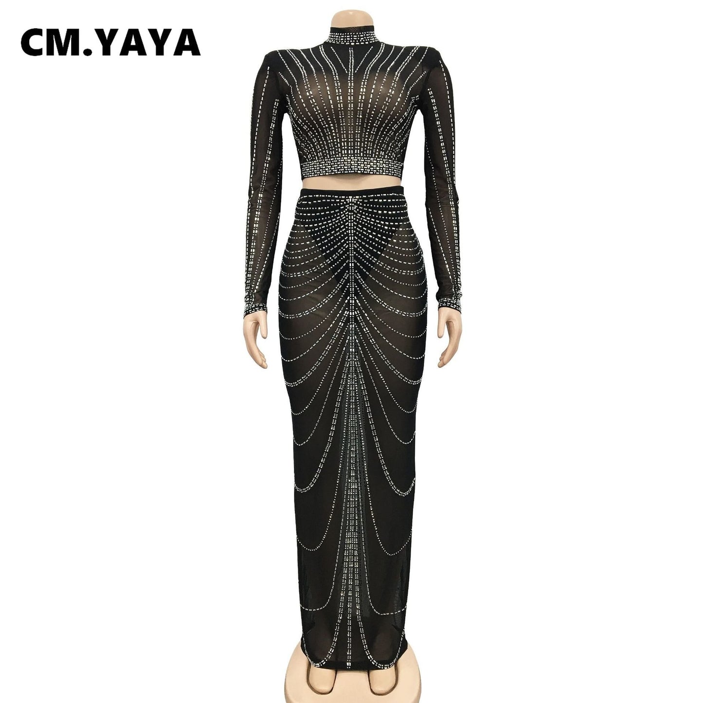 CM.YAYA Elegang Mesh See Though Diamonds Hot Rhinestones Maxi Long Midi Skirts Sets for Women Sexy Party Two 2 Piece Set Outfits