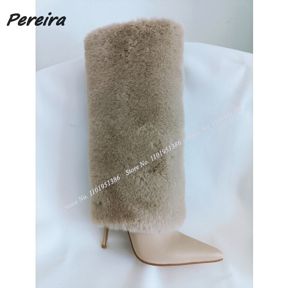 Pereira White Thick Fur Decor Boots High Heel Boots Mid Calf Pointed Toe Shoes for Women Heels New Fashion Zapatillas Mujer