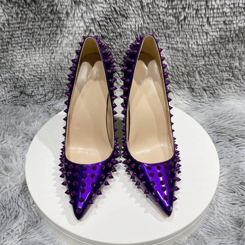 Veowalk Glossy Dark Purple Women Sexy Pointy Toe Stiletto Pumps with Spikes 8cm 10cm 12cm High Heel Party Dress Shoes Customize