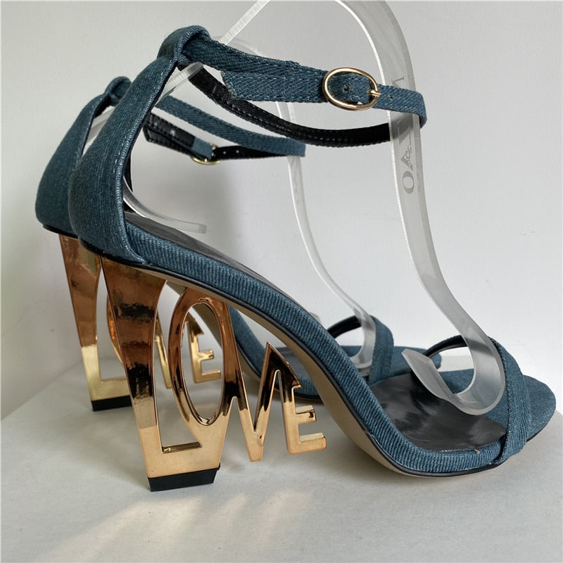 New Design Letter-Love Heel Gladiator Sandals Women Sexy One-strap Strange High Heels Fretwork Heel Summer Party Shoes