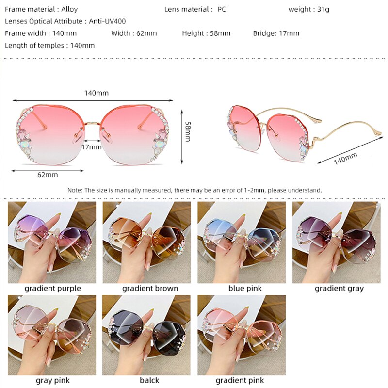 Luxury Fashion Oversized Rimless Sunglasses Women Fashion Brand Designer Big Frame Diamond Square Sun Glasses For Female