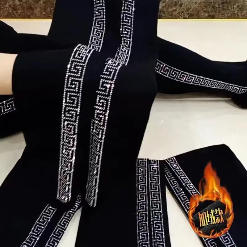 New Autumn Winter High Waist Stretch Thicken Velvet Women Leggings Blingbling Hot Drilling Ankle-length Bottoming Pants Black