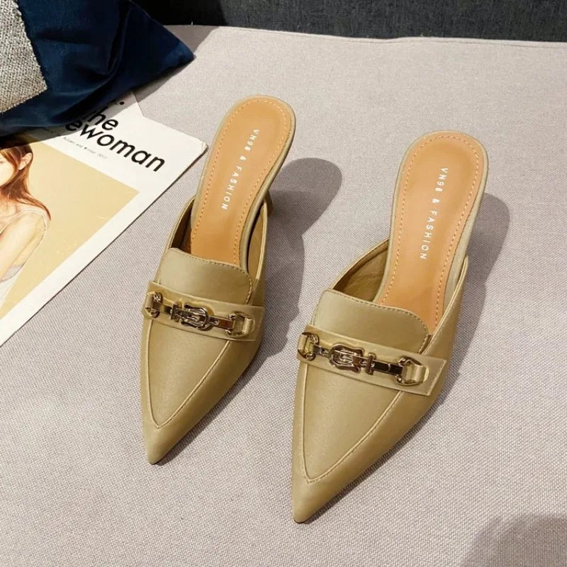 New Snake Print Woman Pumps Slipper Fashion Gold Chain Sandal Shoes Ladies Pointed Toe Slip on Mules Thin Low Heels Slides