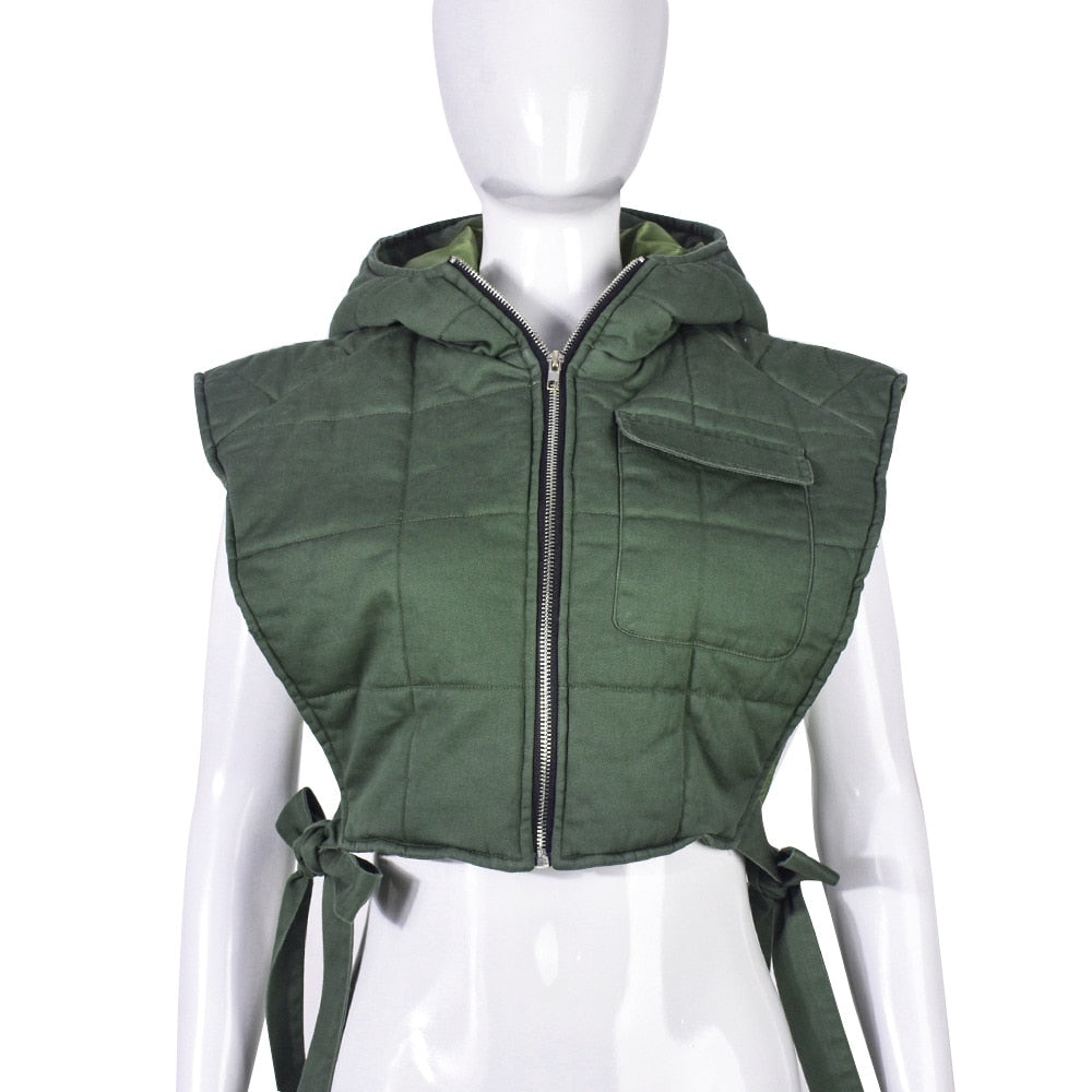 Echoine Winter Sleeveless Side Lace Up Vest Jacket Zipper Denim Hoodies Streetwear Women Clothing Fashion Outwear Crop Top