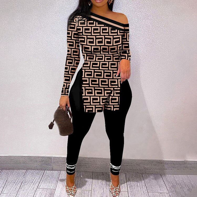 Autumn Fashion Print Two Piece Set Women Sexy Diagonal Neck Off Shoulder Split Tshirt Pencil Pants Two Piece Set Women
