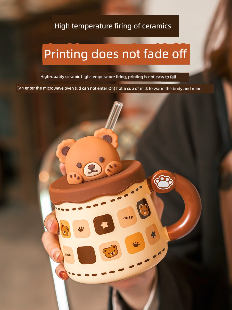 Cute Ceramic Cup Couple with Lid Spoon Straw Mug Home Breakfast Coffee Cup Women Office Water Glass Men