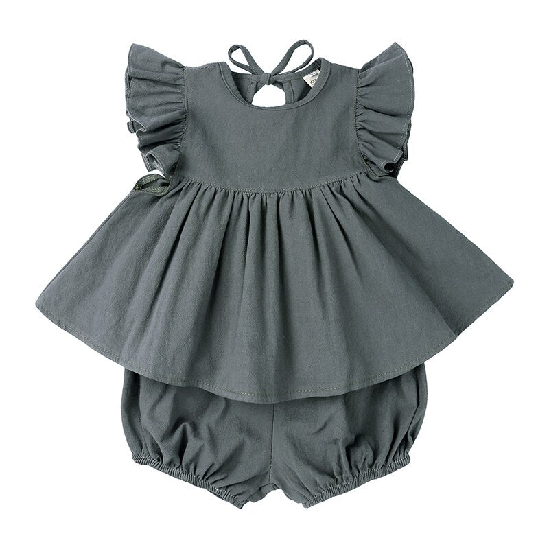 Essentials Baby Girls Clothing 2 Pieces Set Lacing Ruffle Sleeve Cozy Tops Skirts+Shorts Little Kids Clothes For Toddler Outfits