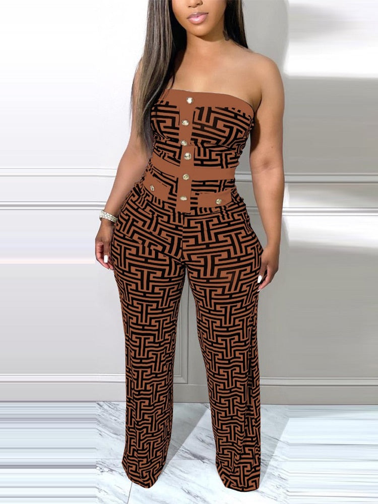One Piece For Women Combinaison Femme Geometric Print Button Decor Tube Jumpsuit Jumpsuit Women 2022 Bodysuit