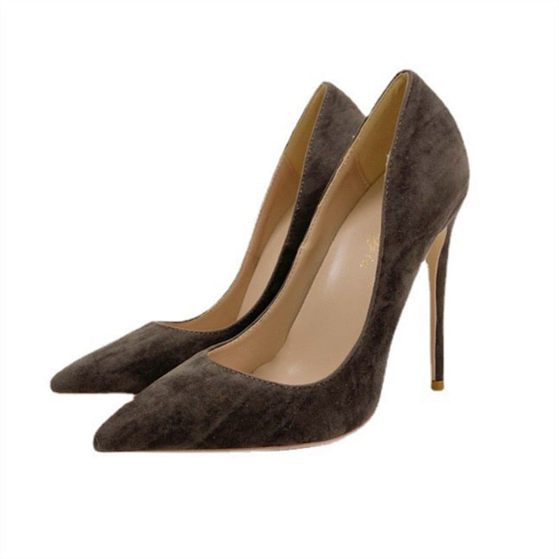 Heelgoo Coffee Brown Women Flock Syntheic Suede Pointy Toe Slip On High Heel Shoes Elegant Comfortable Dress Stiletto Pumps