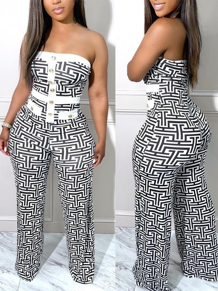 One Piece For Women Combinaison Femme Geometric Print Button Decor Tube Jumpsuit Jumpsuit Women 2022 Bodysuit