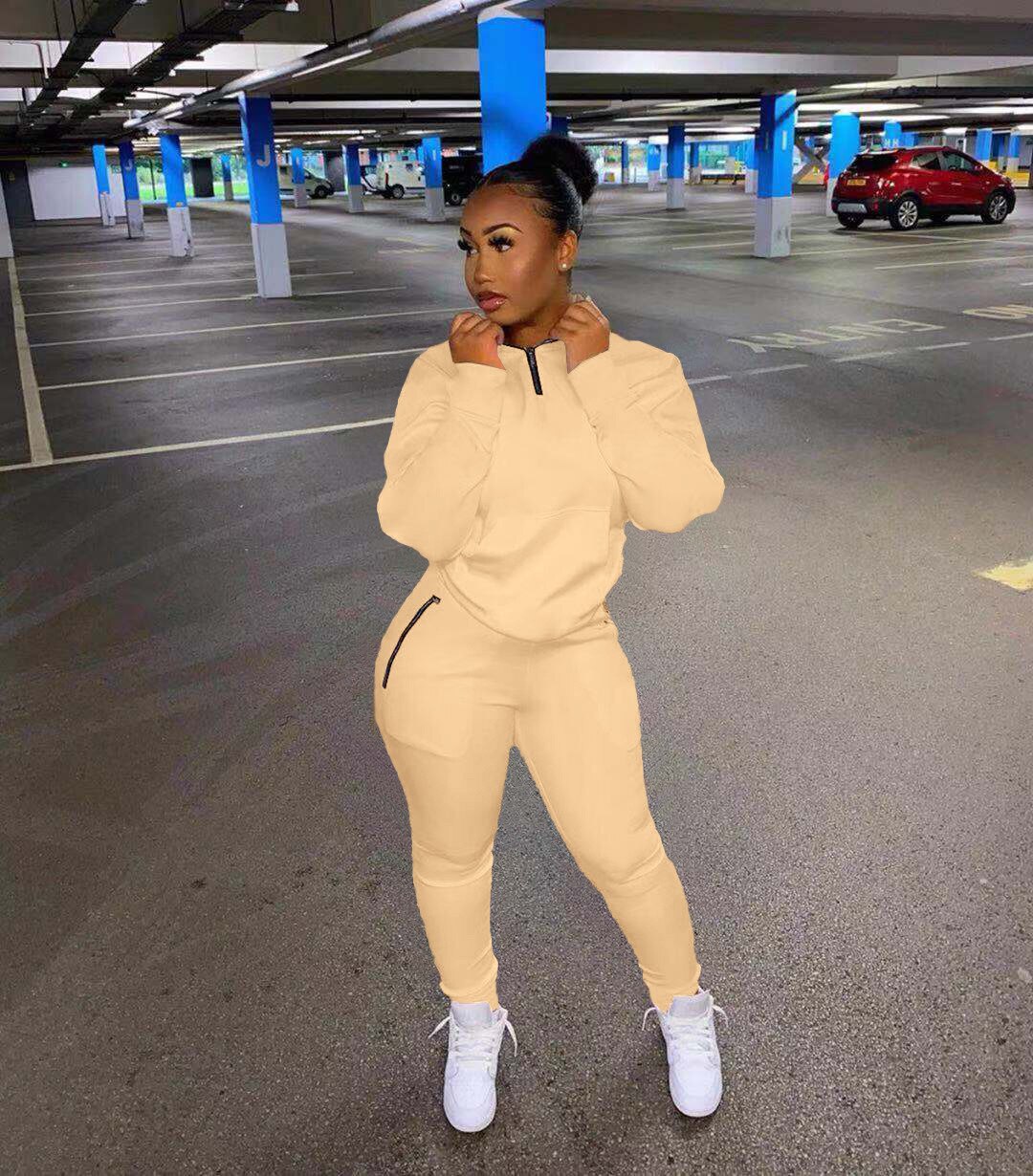 HLJ&amp;GG Winter Tracksuits Two Piece Sets Pink Letter Print Solid Casual Outfits Zip Sweatshirt + Pockets Pants Women Sweat Suits