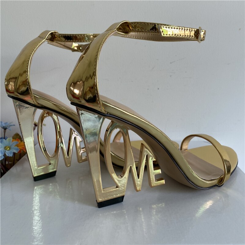 New Design Letter-Love Heel Gladiator Sandals Women Sexy One-strap Strange High Heels Fretwork Heel Summer Party Shoes