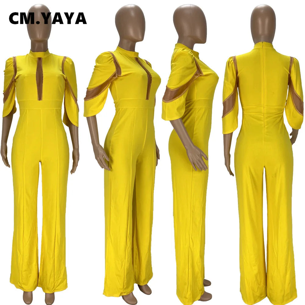 CM.YAYA Elegant Women Mesh Patchwork Irregular Sleeve High Waist Straight Jumpsuit Party INS Overall Wide Leg Straight Playsuit
