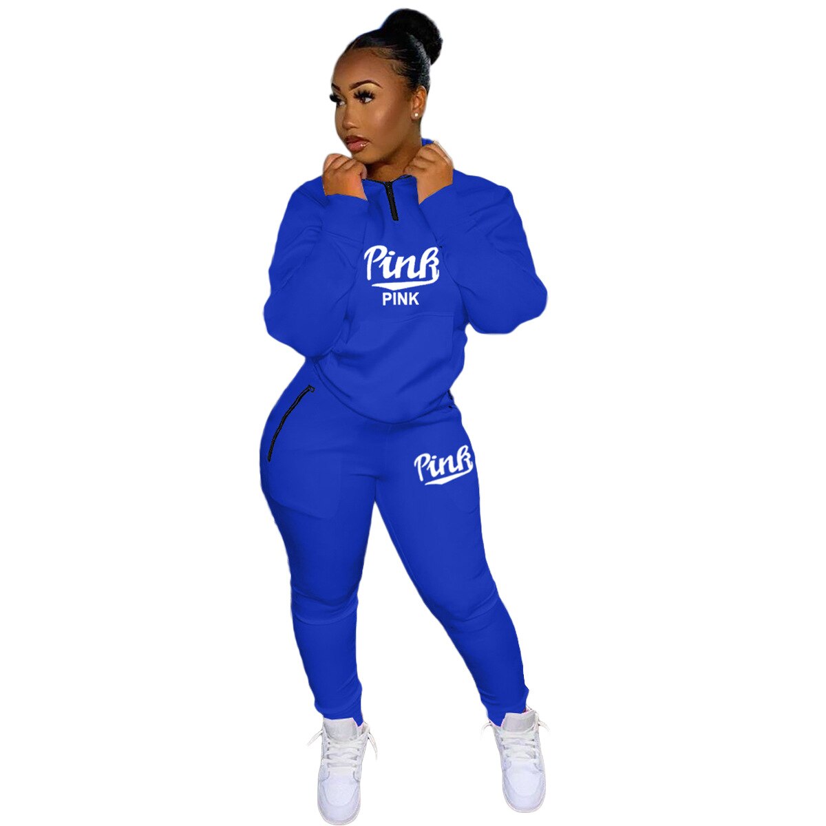 HLJ&amp;GG Winter Tracksuits Two Piece Sets Pink Letter Print Solid Casual Outfits Zip Sweatshirt + Pockets Pants Women Sweat Suits