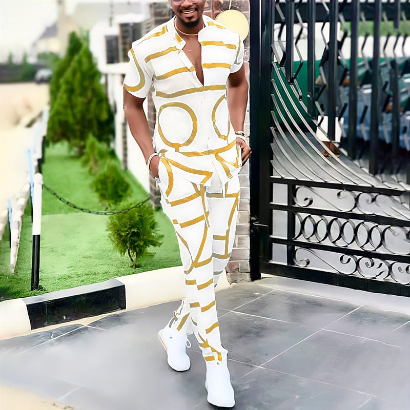 Spring Summer Men's Casual Two Piece Sets Short Sleeve Tops And Long Pants Suit 2022 Fashion Pattern Print Outfit Men Streetwear