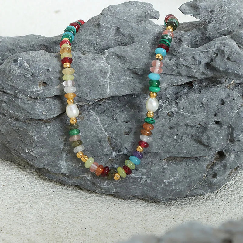 Boho Beaded Necklaces Bracelets For Women Multi Color Natural Stone Beads Stainless Steel Chain Neckalce Bracelet Jewelry Set