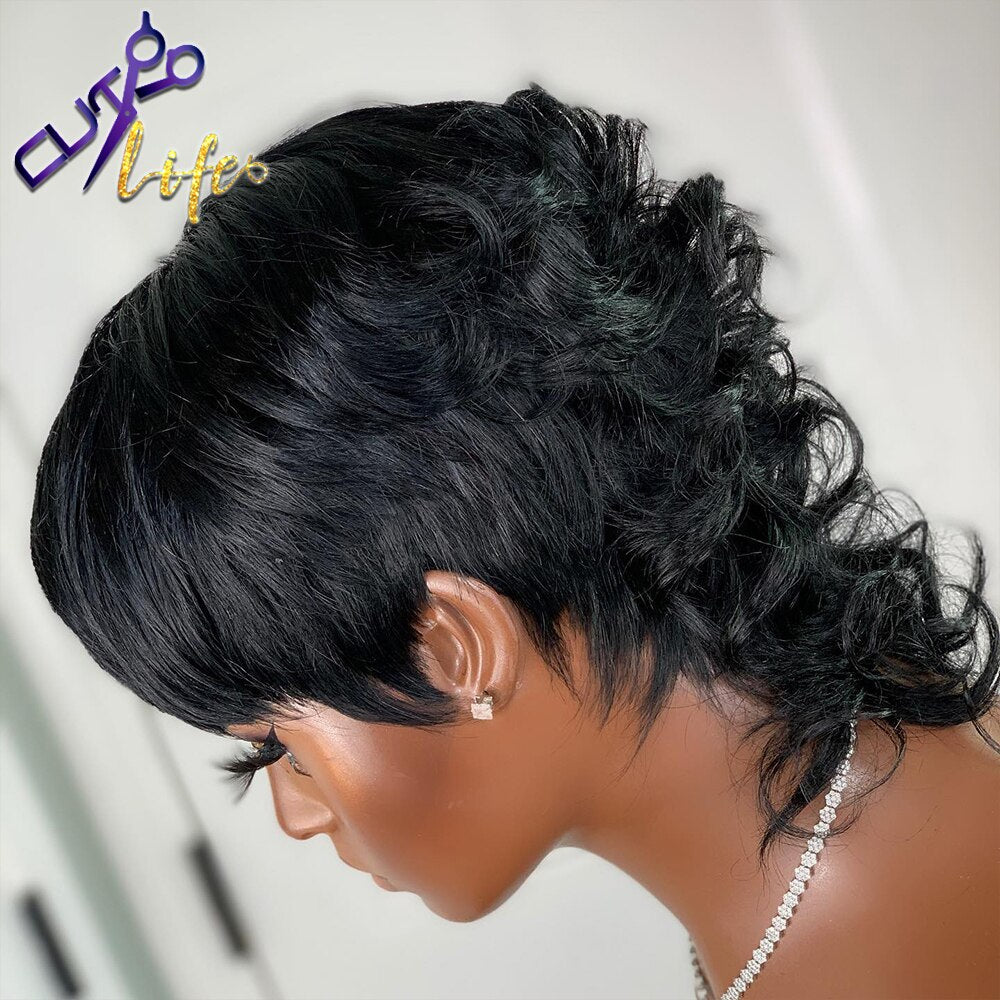 Short Pixie Cut Wig With Bangs Brazilian Remy Loose Wave Human Hair Full Machine Made No Lace Wigs For Black Women Model Length
