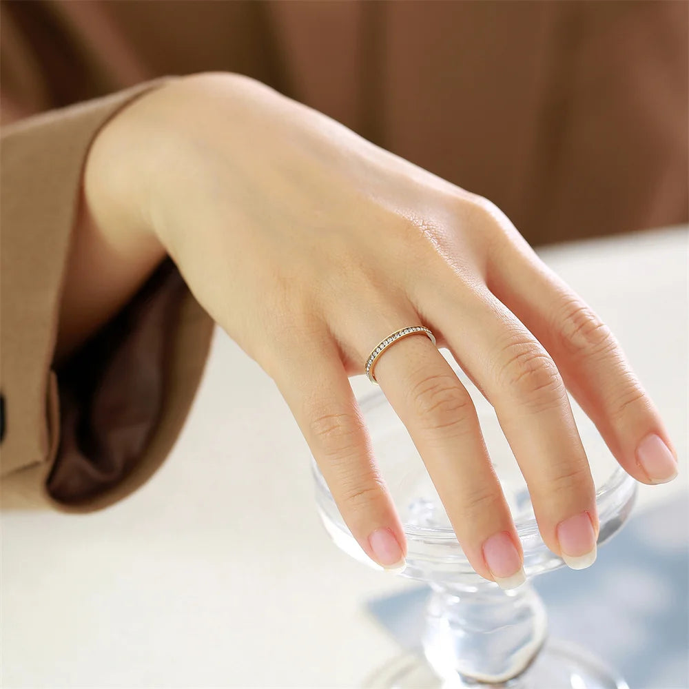 INS 2mm Iced Out Bling CZ Rings For Women Lady Gold Color Stainless Steel Shinny Cubic Zirconia Wedding Ring Elegant Jewelry