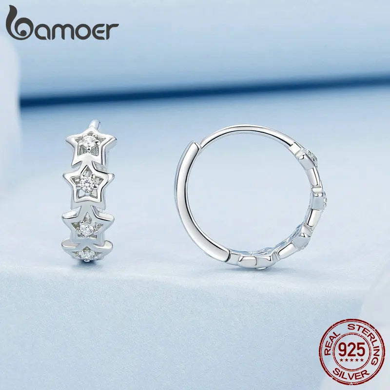 BAMOER 925 Sterling Silver Star-Shaped Earrings Stackable Star CZ Ear Buckles for Women & Girls Fine Jewelry DIY Gifts