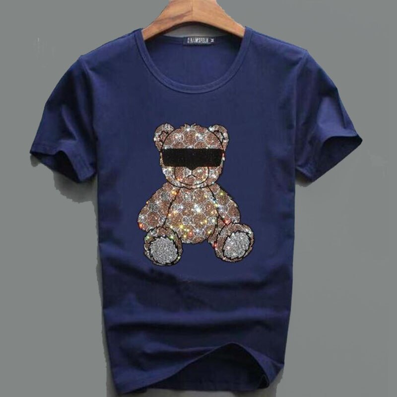 Hot Diamond T-Shirt Glasses Bear Tide Brand Male Short Sleeved Tees New Style Casual Young Streetwear Cotton Top Men's Clothing