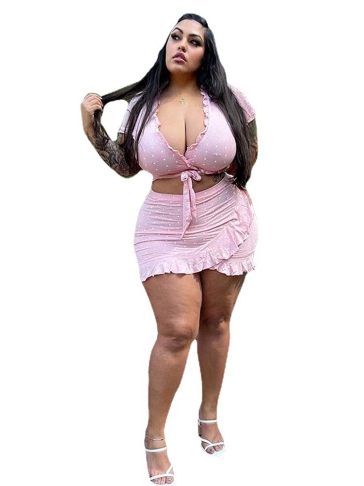 Plus Size 2 Piece Set Women Satin Skirt Set V Neck Crop Top Bodycon Sexy Summer Sweet Outfit Wholesale Bulk Dropshipping