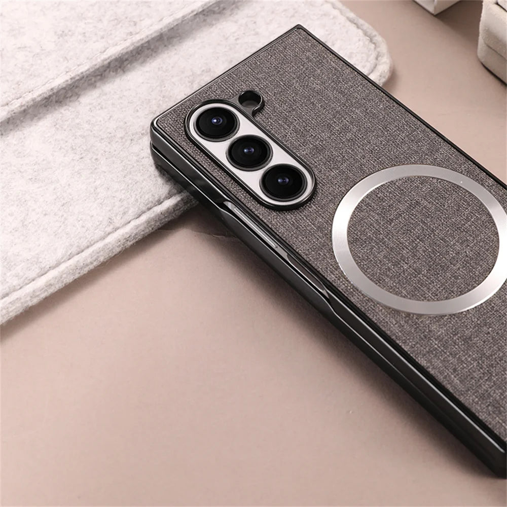 Luxury Fabric Cloth for Magsafe Case for Samsung Galaxy Z Fold 6 5 4 3 Magnetic Wireless Charging Ultra Slim Shockproof Cover