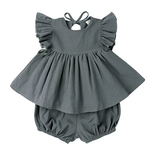 Essentials Baby Girls Clothing 2 Pieces Set Lacing Ruffle Sleeve Cozy Tops Skirts+Shorts Little Kids Clothes For Toddler Outfits