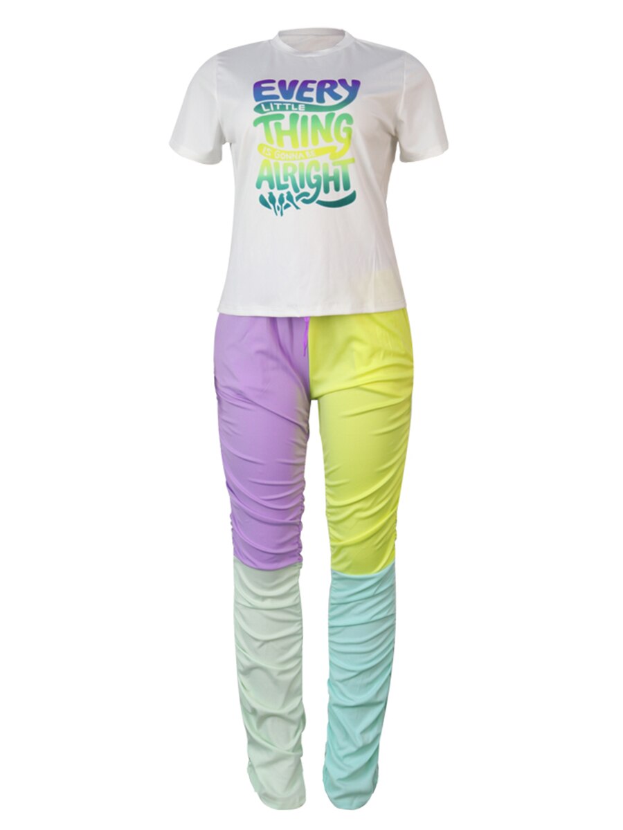 LW Plus Size Women Two Piece Set Gradient Letter Print Drawstring Pants Set Short Sleeve T shirt Top and Drawstring Pants Set